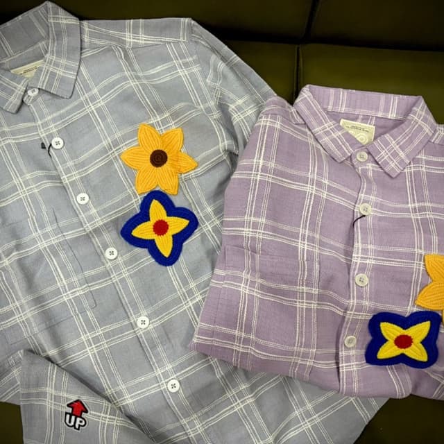 Light Blue and Purple with White Plaid, Yellow, Blue, and Red Appliques Shirt