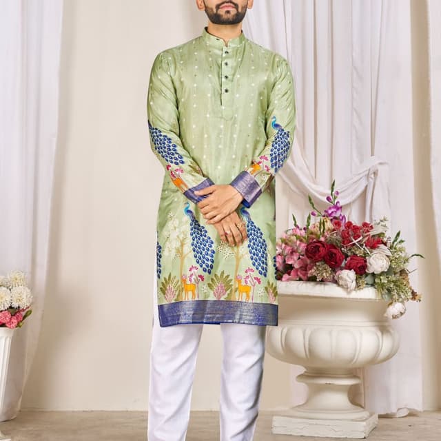 Sage green, white, blue, gold, and touches of orange and brown Kurta