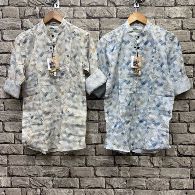 Various shades of off-white, blue, and gray, forming a geometric pattern. Shirt