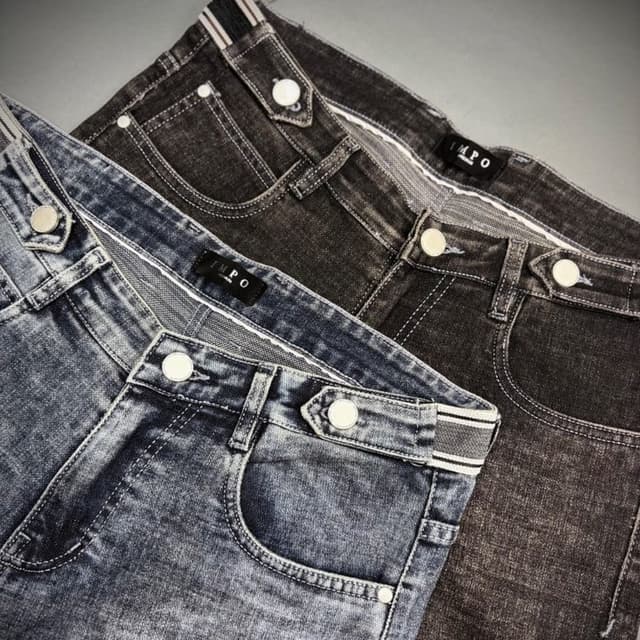 Various shades of blue and gray, with white and black accents Jeans