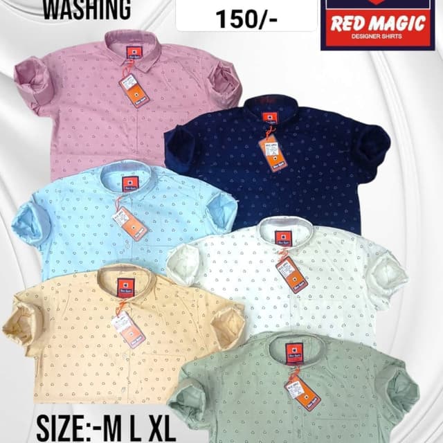 Various pastel colors including pink, blue, beige, white, and green with a recurring dark blue pattern Shirt