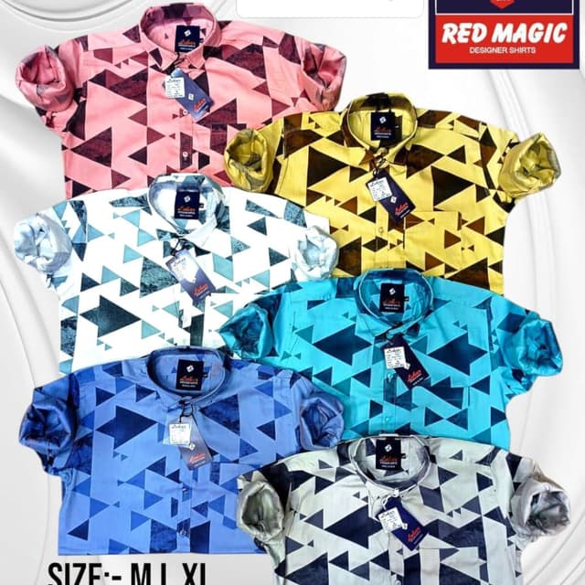 Various - Pink, Yellow, White, Blue, and Grey with geometric patterns in contrasting dark shades. Shirt