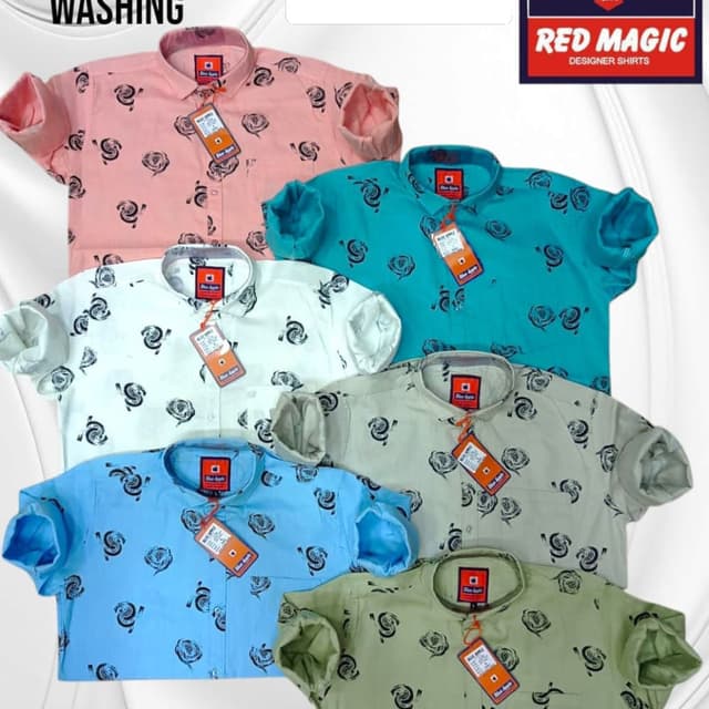 Various pastel colors including pink, teal, white, beige, and light blue, each with a black floral print. Shirt