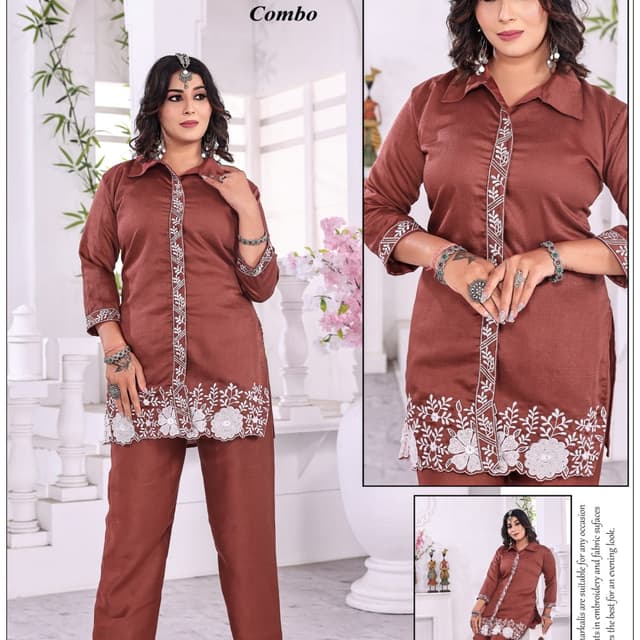 Brown and White Kurti and Pants Set