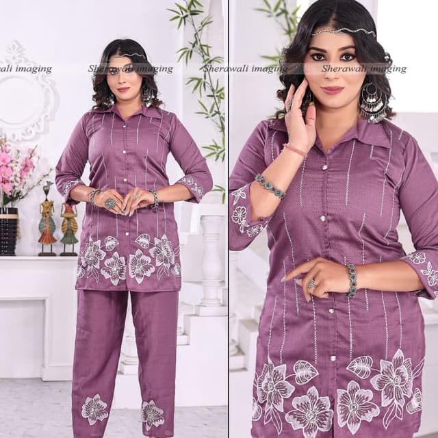 Mauve and White Kurta and Pants Set