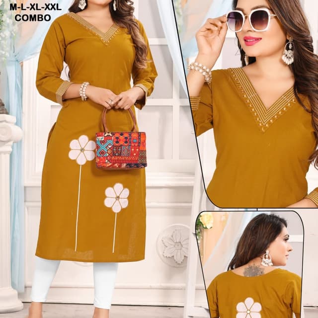 Mustard yellow with white and gold accents Kurti