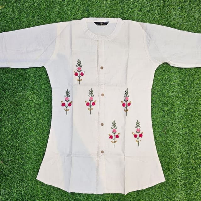 Off-White with Red, Pink, Green and Brown accents Kurti