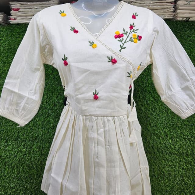 Off-white with floral embroidery in pink, yellow and green Dress