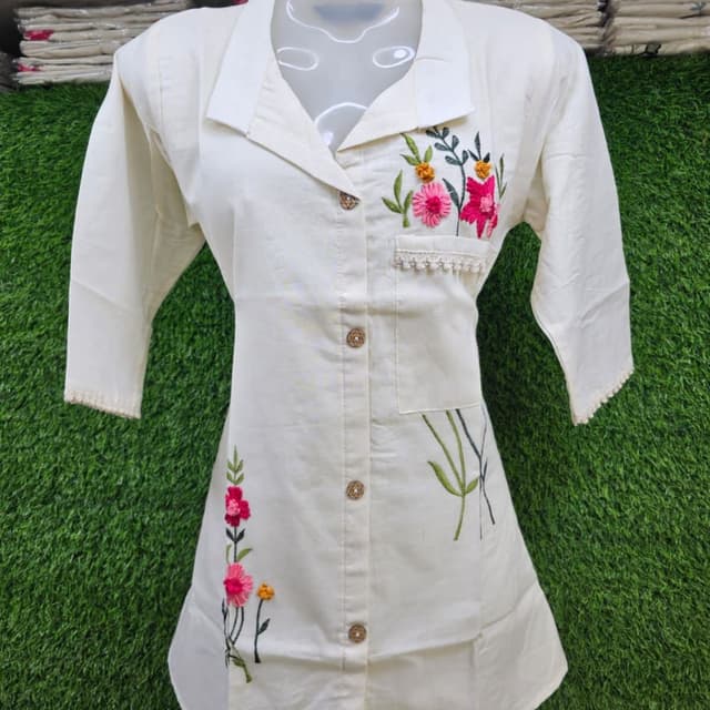 Off-white with floral embroidery in shades of pink, yellow, and green Shirt