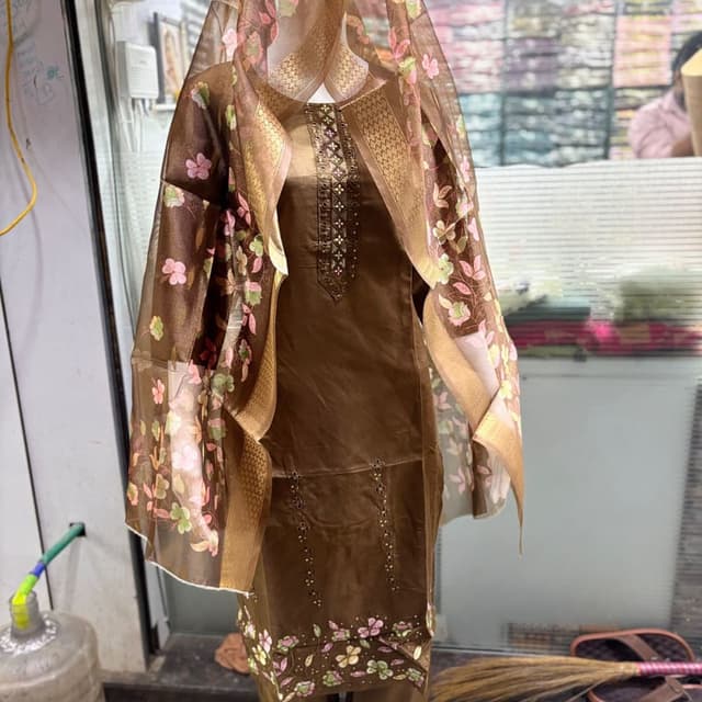 Brown, Gold, Pink, Green Salwar Suit