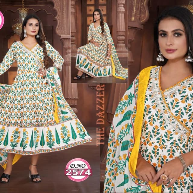 White, Green, Yellow Anarkali Suit
