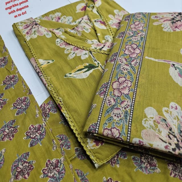 Olive green, pink, white, and teal Angrakha Suit Set with Dupatta