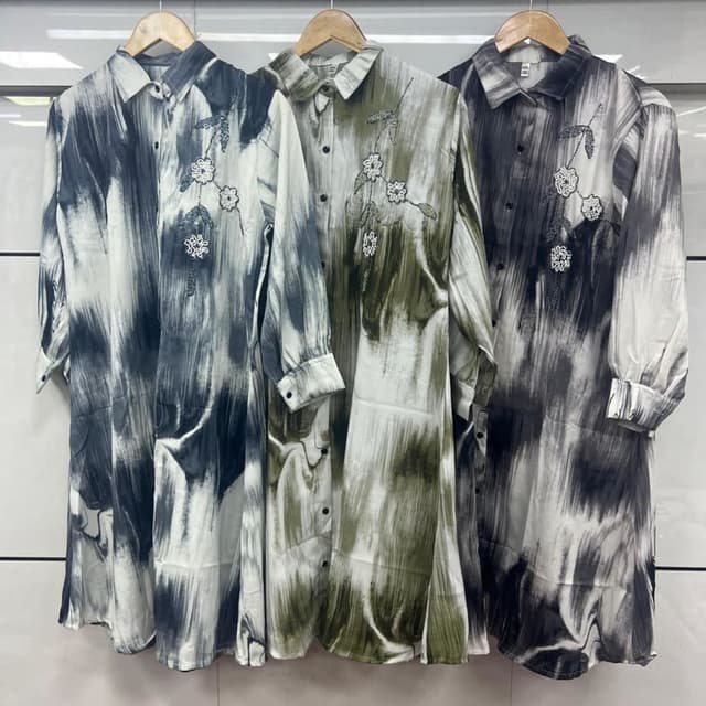 Various shades of grey, olive green, and white Shirt Dress