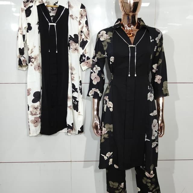 Black, White, Brown, Green Kurta Set with Jacket