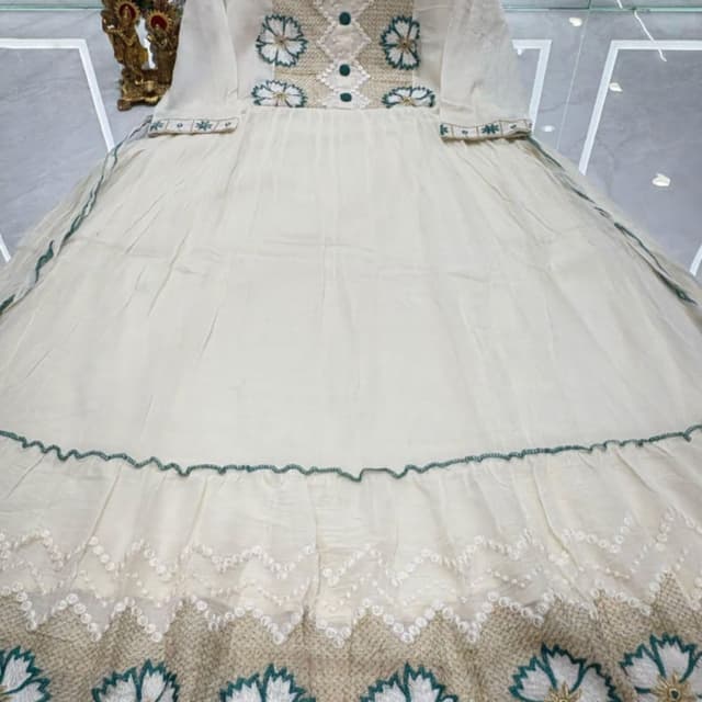 Off-White, Teal, and Beige Dress