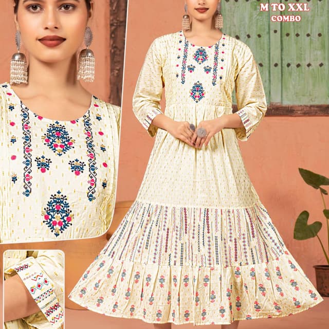 Off-white with gold accents, and multi-colored embroidery (pink, blue, green) Dress