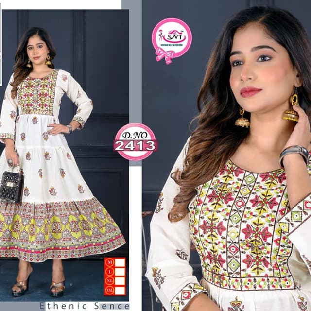 White, with accents of red, yellow, pink, and green in the embroidery and border print. Dress