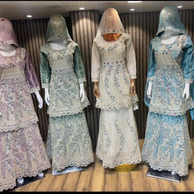 Various pastel shades, including lavender, sage green, white, and sky blue. Anarkali Suit or similar ensemble consisting of a tunic and skirt