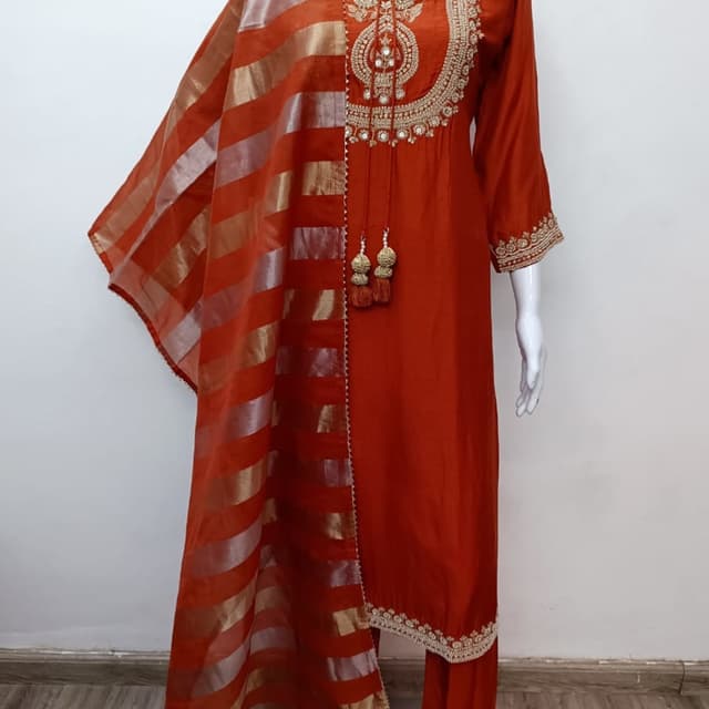 Burnt Orange, Gold Kurta with Pant and Dupatta