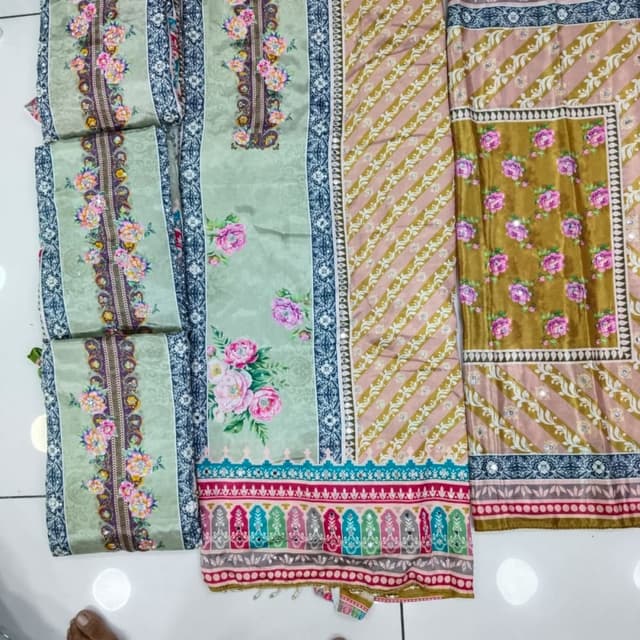 Sage green, pink, gold, and blue accents Unstitched Suit Set (Likely a Salwar Kameez)