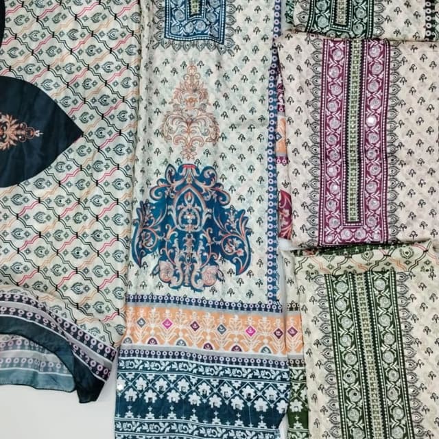 Cream, Teal, Burgundy, Orange, and Green Unstitched Suit Set