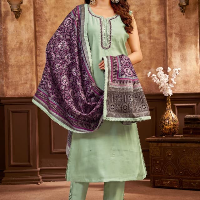 Seafoam green, purple, and black Salwar Kameez with Shawl