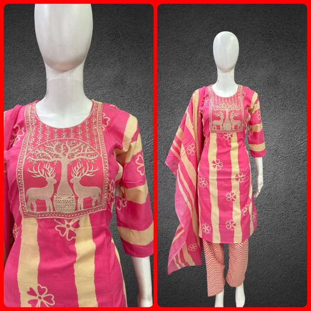 Pink and Beige Kurta with Pants and Dupatta Set