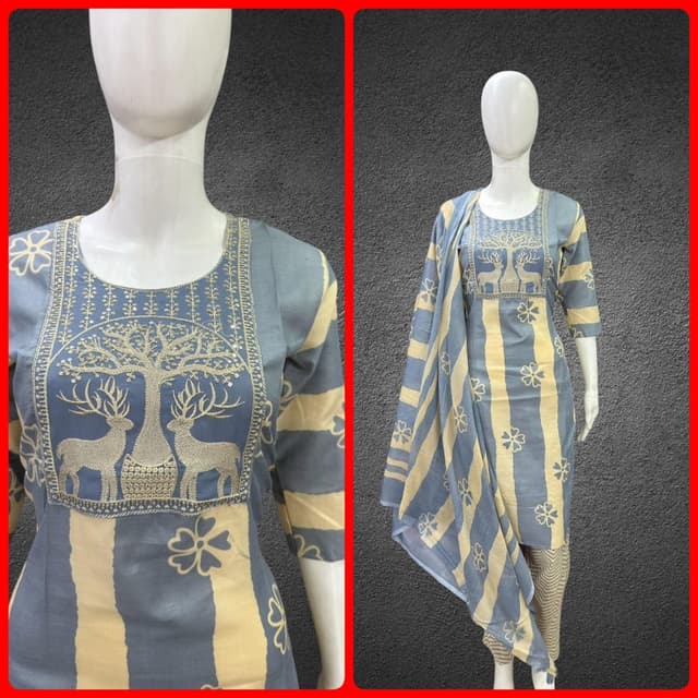 Blue and Beige Kurta set with dupatta