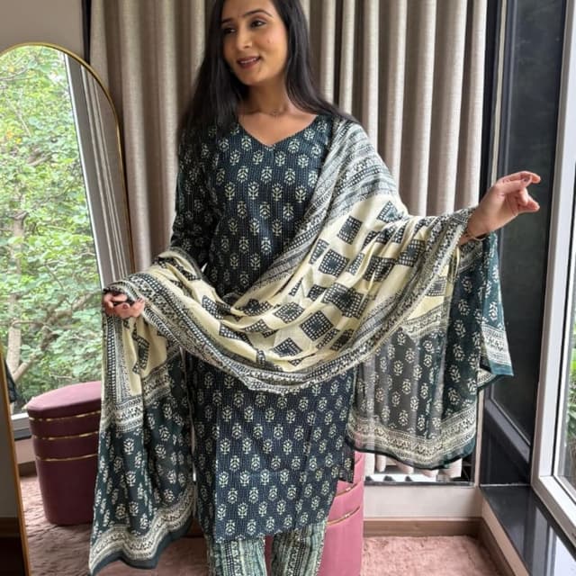 Dark Green, Cream, Black Salwar Kameez with Dupatta
