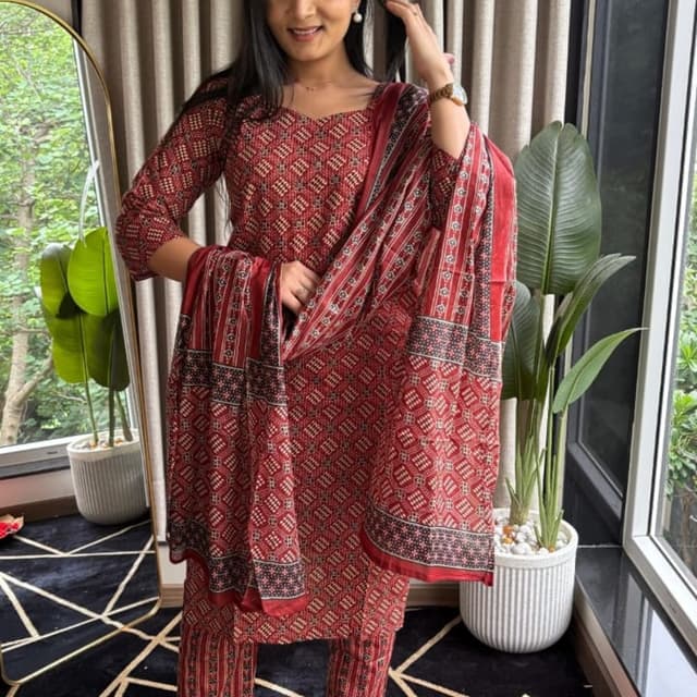 Red, Beige, and Black Salwar Kameez with Dupatta