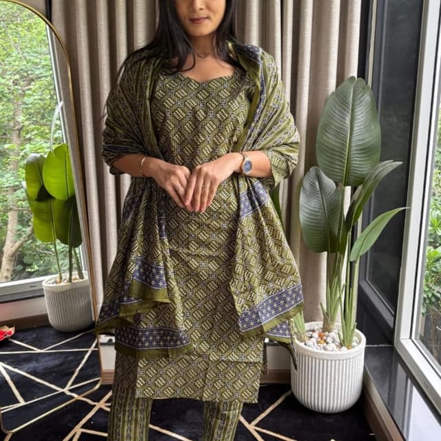 Olive green, navy blue Salwar Kameez with Dupatta