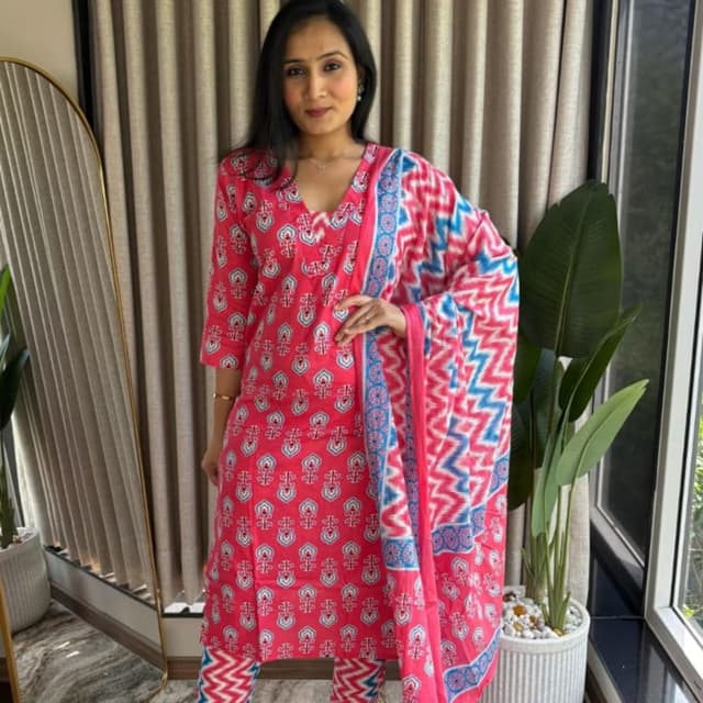 Pink, Blue, White Kurta Set with Dupatta