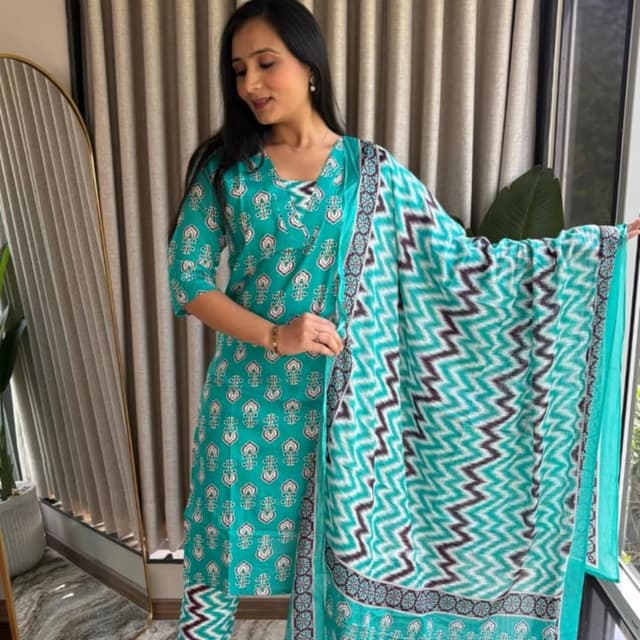 Teal, White, Brown Kurta with Pant and Dupatta
