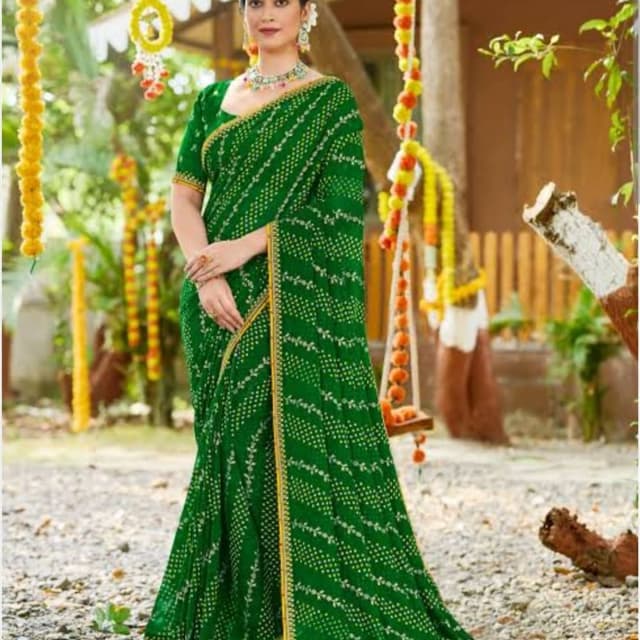 Green, Gold, White Saree