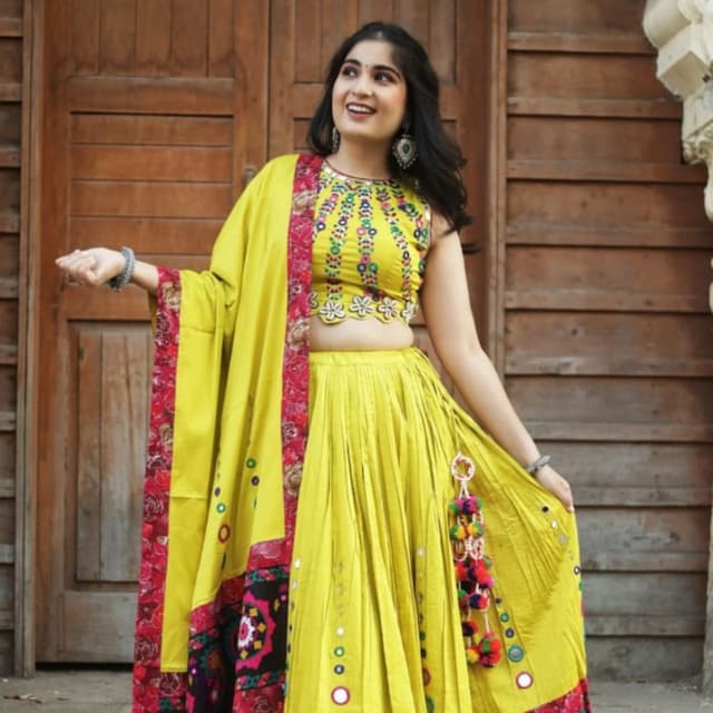 Yellow, Red, and Multi-colored accents Lehenga Choli with Dupatta