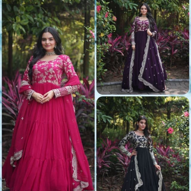 Magenta, Purple, and Black with Gold and Silver accents Anarkali Dress with Dupatta