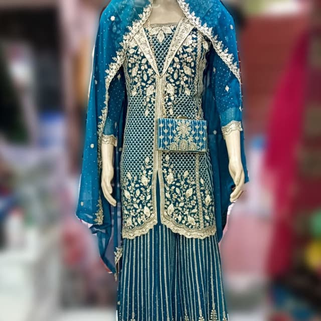 Teal and Gold Sharara Suit with Cape and Clutch