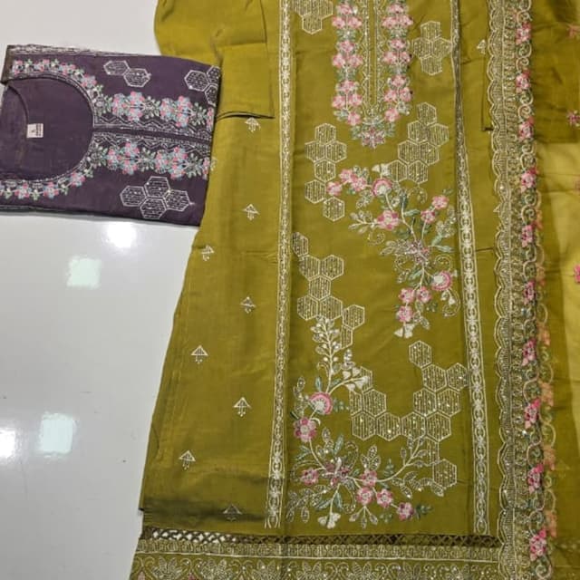 Olive green and purple with accents of pink, white, and silver Salwar Kameez (likely a three-piece suit)