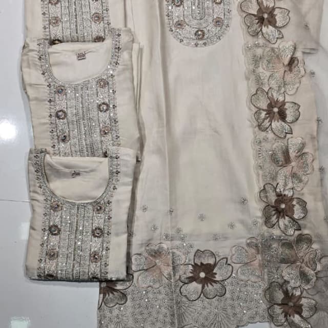 Ivory, Silver, and Brown Salwar Kameez Suit