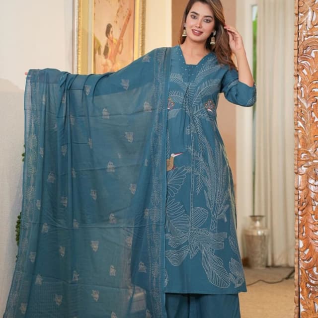 Teal with off-white and touches of brown and gold Kurta with Dupatta and Palazzos