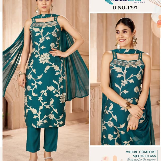 Teal and Off-White Salwar Kameez Suit