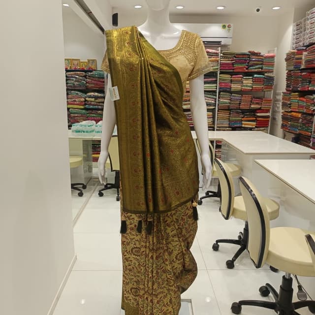 Olive Green, Gold, Red Saree