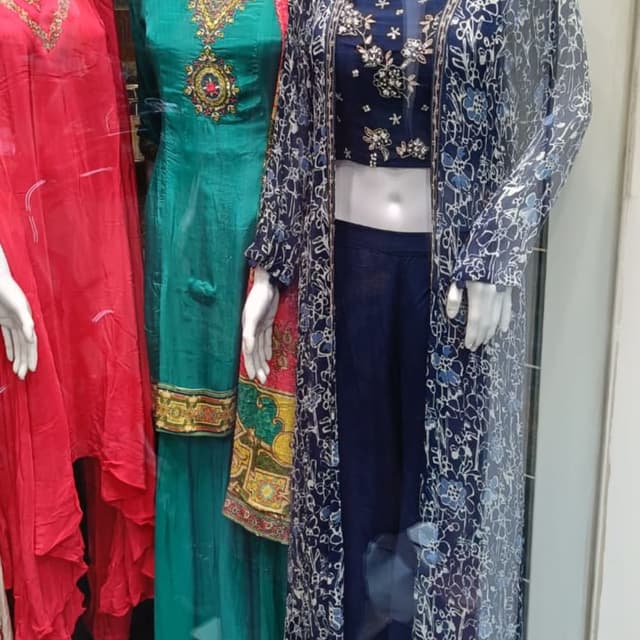 Navy Blue, White, and hints of floral patterns Jacket, Crop Top, and Trousers