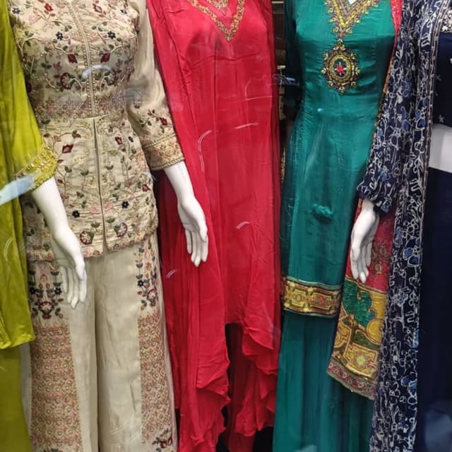 Beige, red, green, navy blue, gold, and various embroidery colors Salwar Kameez (suits)