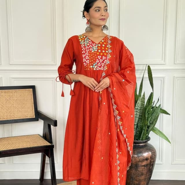 Red with Multi-color embroidery Anarkali Suit Set