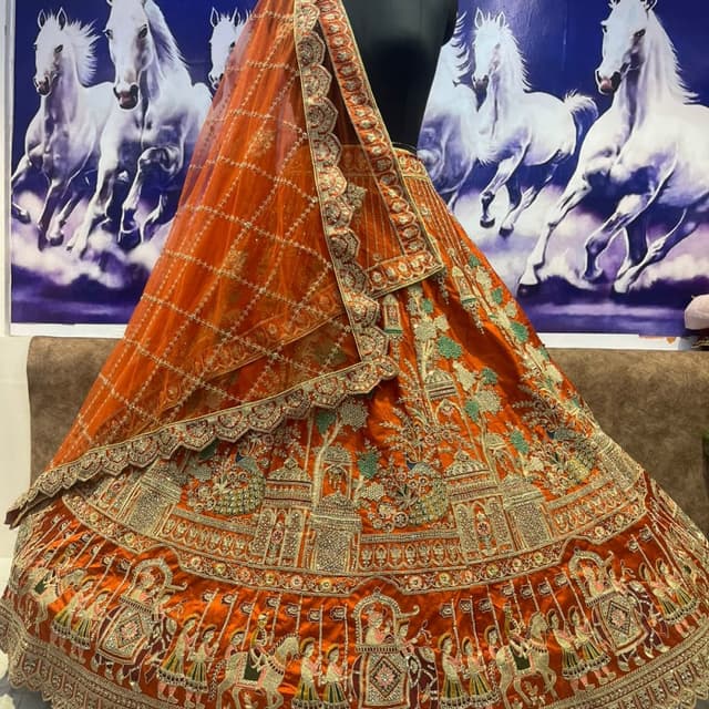 Orange, gold, and green Lehenga Choli