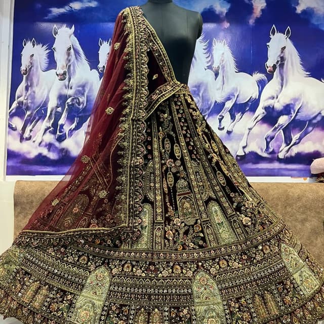 Burgundy, Gold, Green Lehenga Choli