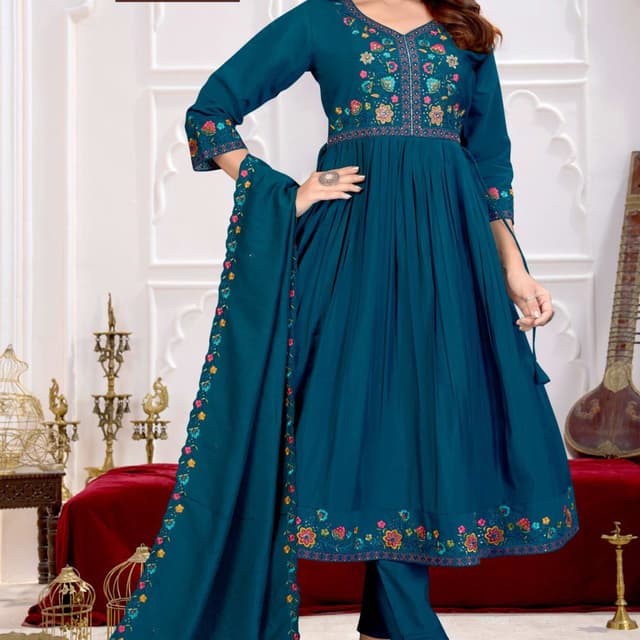 Teal with multi-colored embroidery Anarkali Suit