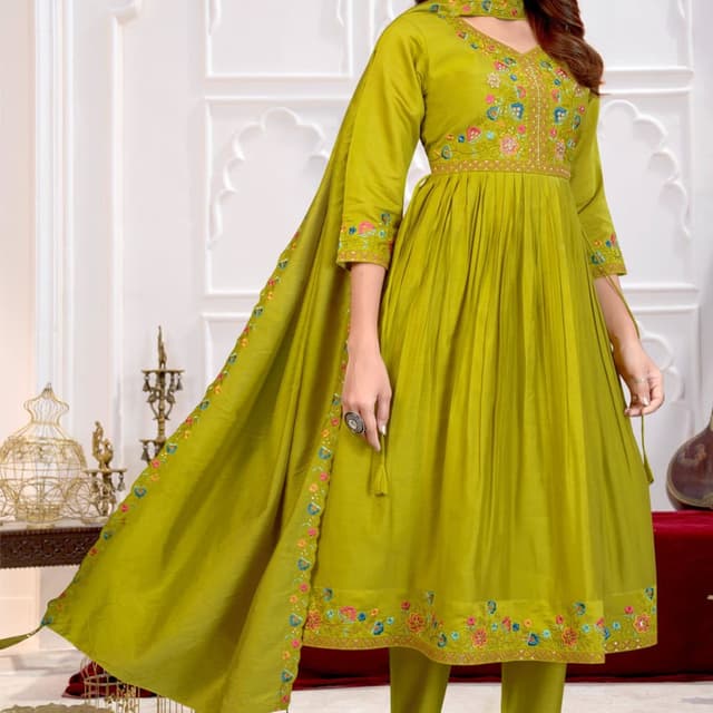 Olive Green with Multi-colored Embroidery Anarkali Suit