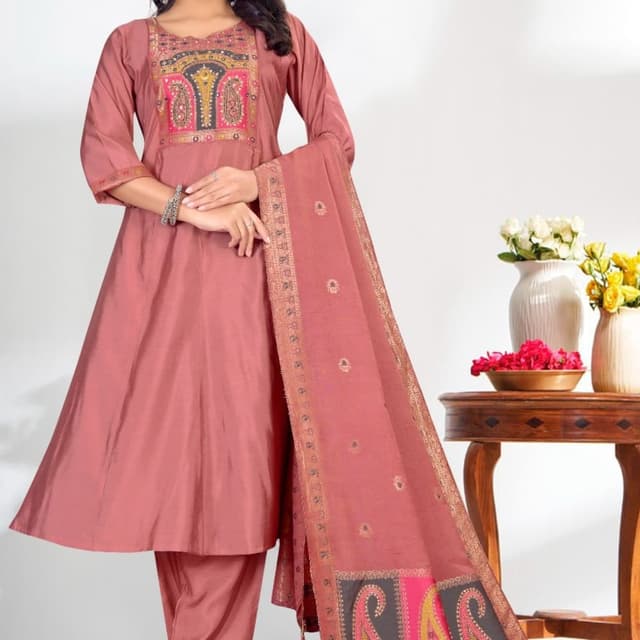 Mauve, with accents of black, yellow, pink, and gold Salwar Kameez
